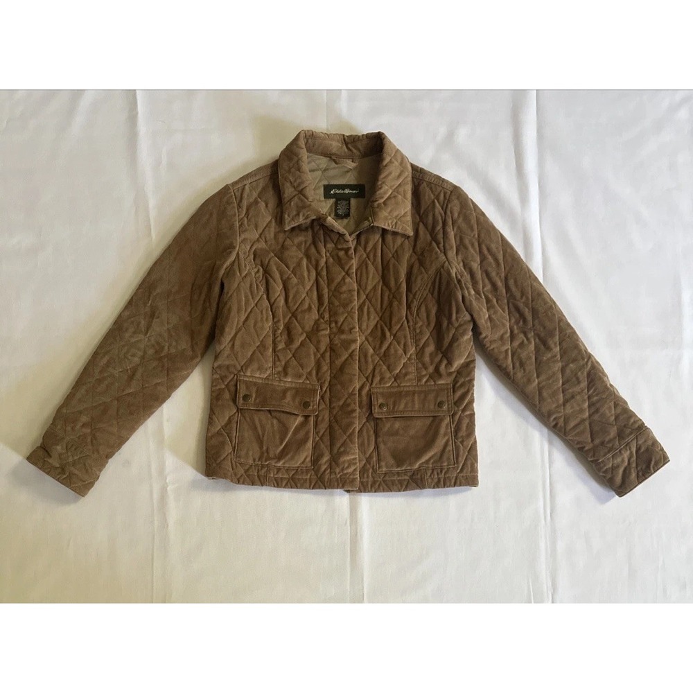 Eddie Bauer Quilted Corduroy  Li Jacket Tan Lined Womens Sz Pocket Button Up Coa
